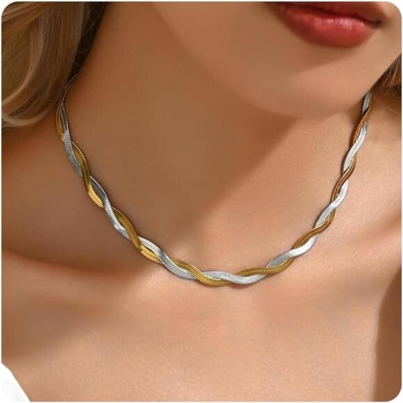 18K Gold Plated Snake Chain Herringbone Necklace Layered Double Chain Choker - Picture 1 of 7